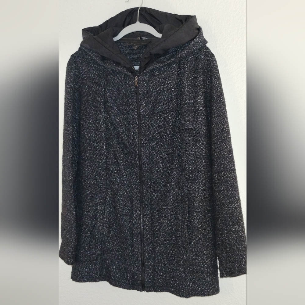 BCBG MAXAZRIA "NATHYN" DOUBLE LAYER JACKET- REMOVABLE HOOD ~SIZE XS ~ GRAY/BLACK - Picture 4 of 16